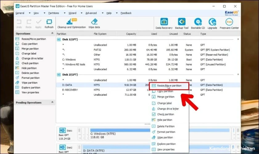 chia-o-dia-win-11-18 Nhấn chuột phải chọn Resize/ Move để chia ổ cứng trên Win 11