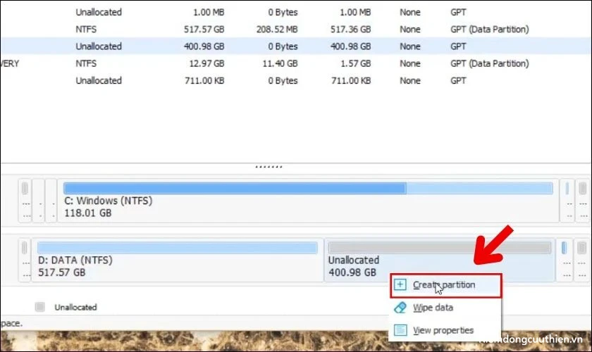 chia-o-dia-win-11-20 Nhấn chuột phải vào phân vùng mới tạo, và chọn Create Partition