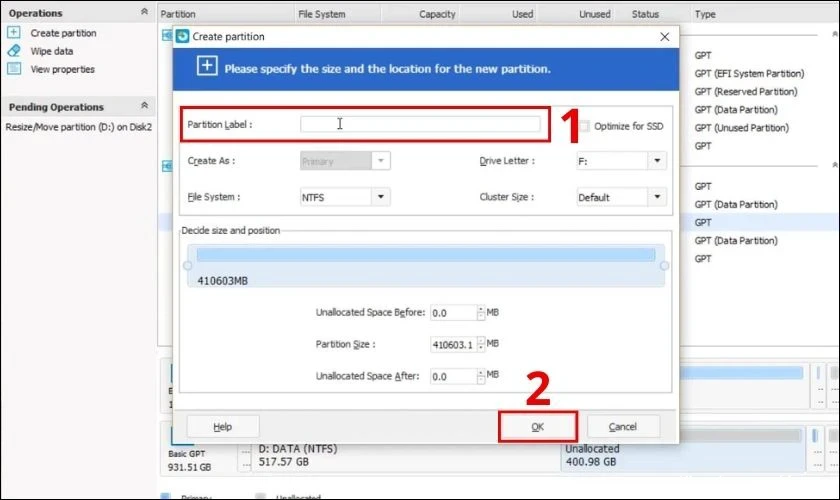chia-o-dia-win-11-21 Điền tên ổ vừa chia vào mục Partition Label theo ý bạn muốn và nhấn chọn OK