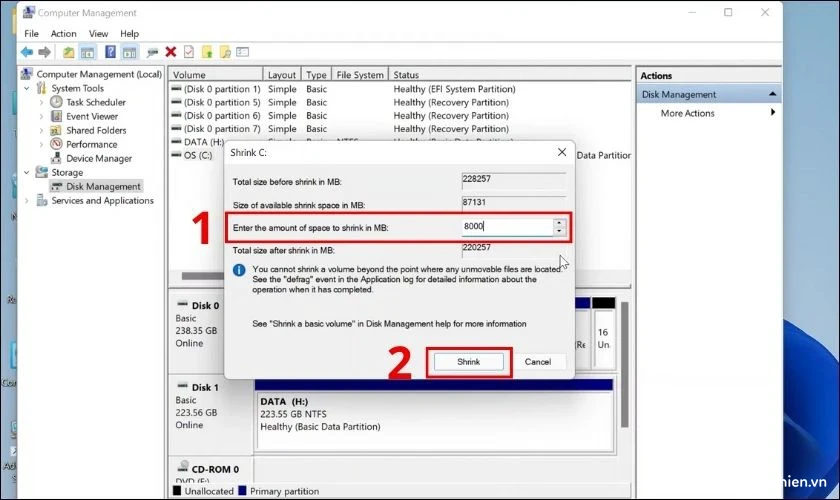 chia-o-dia-win-11-4 Nhập dung lượng ổ cứng cần chia vào mục Enter the amount of space to shrink in MB