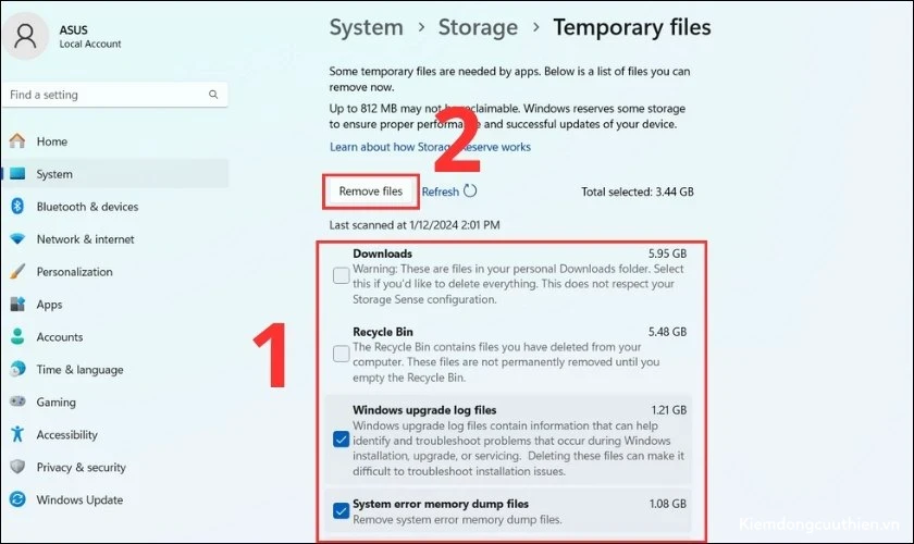 don-rac-win-11-5 Đánh dấu vào mục dữ liệu tạm thời muốn xóa và chọn Remove files