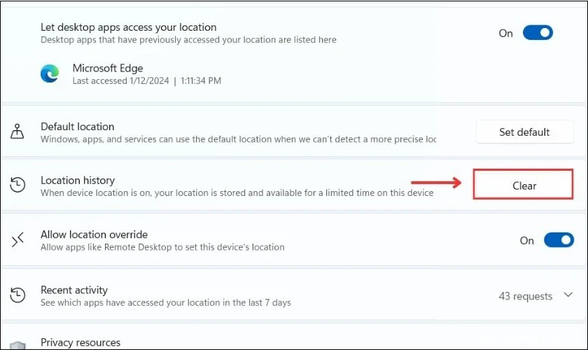 don-rac-win-11-9 Click chuột vào Clear bên cạnh mục Location History để xóa dữ liệu