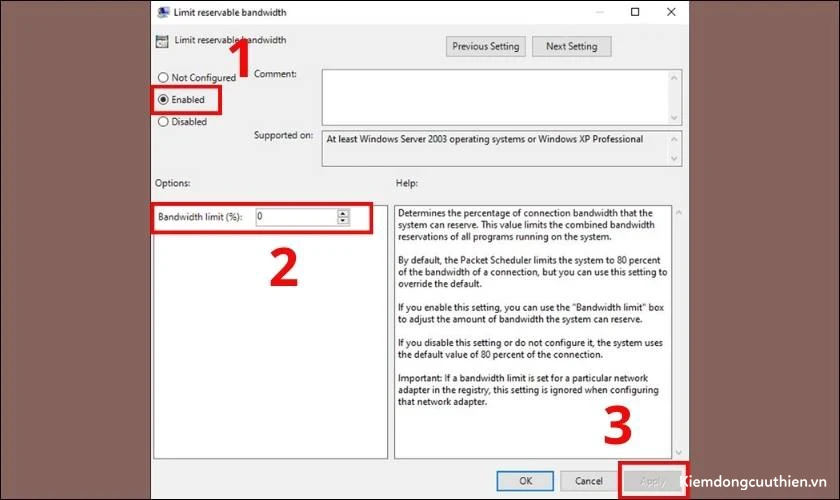 Nhấn vào Enable rồi nhập 0 vào mục Bandwidth limit (%)