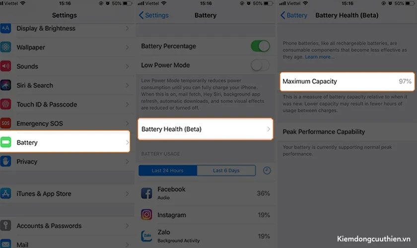 kiểm tra dung lượng pin iPhone bằng battery health