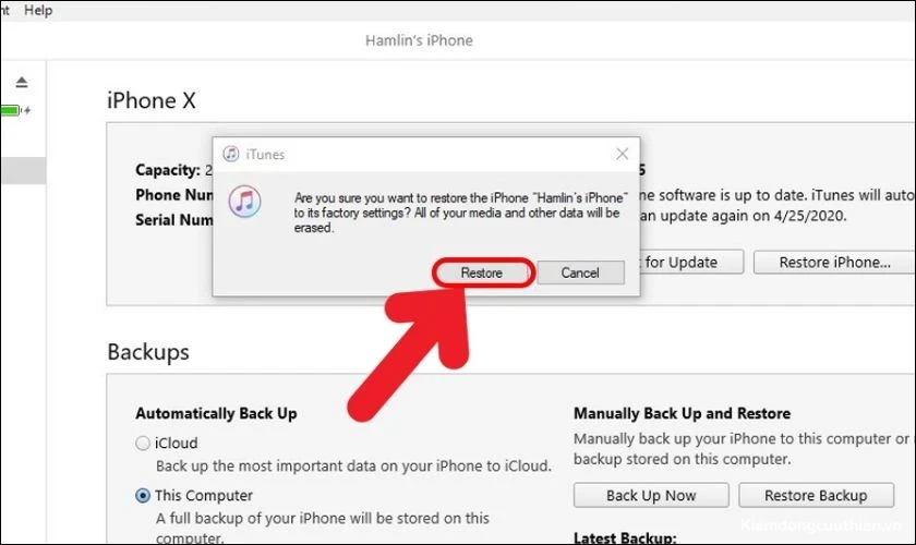 iphone-khong-len-nguon-18 Cuối cùng, bạn ấn vào Restore để bắt đầu quá trình khôi phục thiết bị
