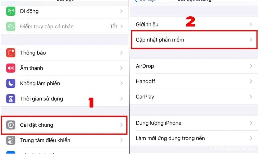 iphone-sac-khong-vao-pin-4 Chọn Cài đặt chung trong phần Cài đặt của điện thoại sau đó bấm Cập nhật phần mềm