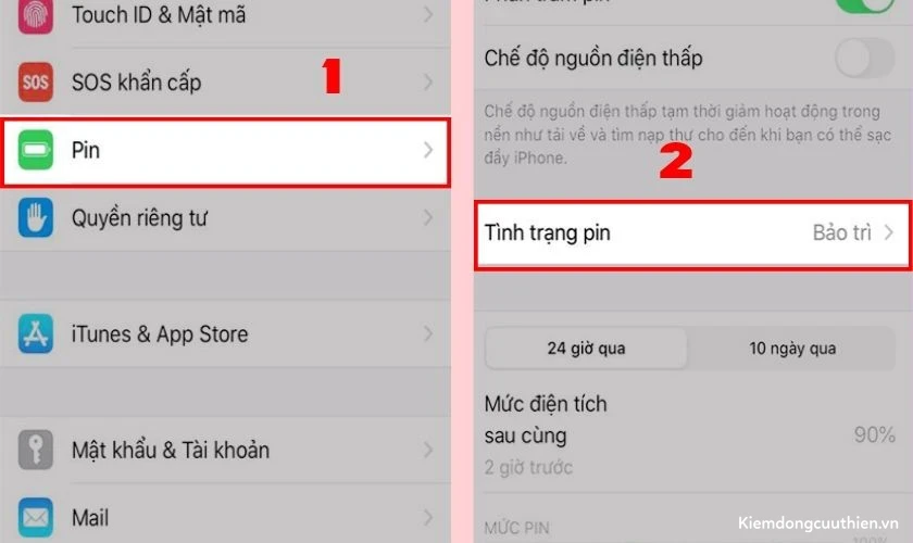 iphone-sac-khong-vao-pin-6 Chọn Pin trong Cài đặt, sau đó nhấn vào Tình trạng pin
