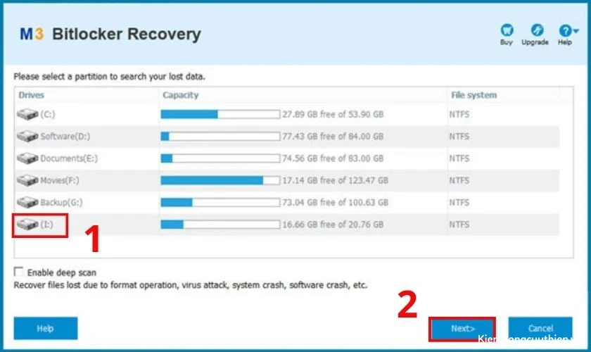 mo-khoa-bitlocker-11 Chọn ổ đĩa bị khóa bởi BitLocker và nhấn Next để tiếp tục