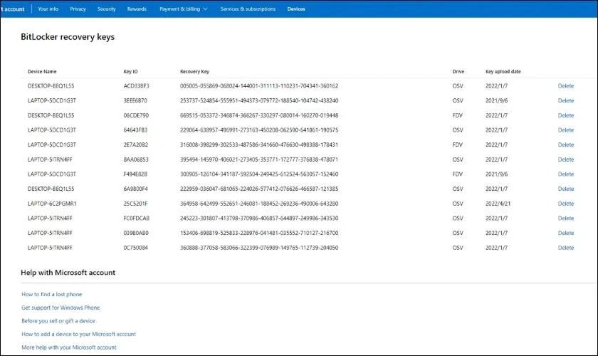 mo-khoa-bitlocker-19 Danh sách BitLocker Recovery Key được hiển thị
