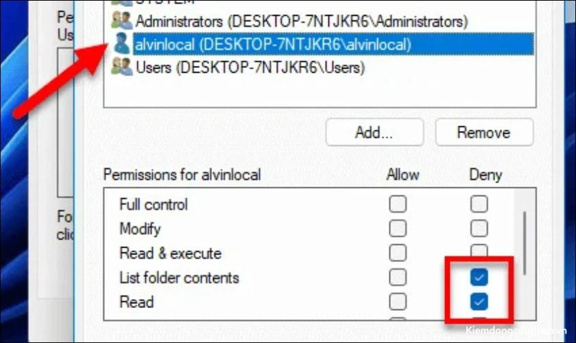 Click chọn tên tài khoản người dùng đó. Bỏ chọn tất cả các quyền ở cột Allow, sau đó chọn List folder contents và Read ở cột Deny. Cuối cùng bạn nhấn nút OK để xác nhận thay đổi