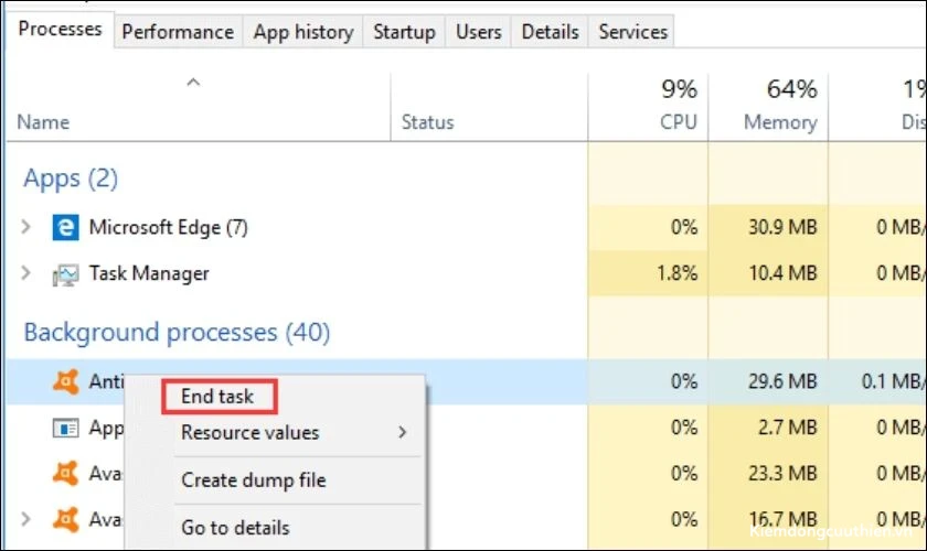 Sử dụng Task Manager để kết thúc tiến trình ngốn RAM