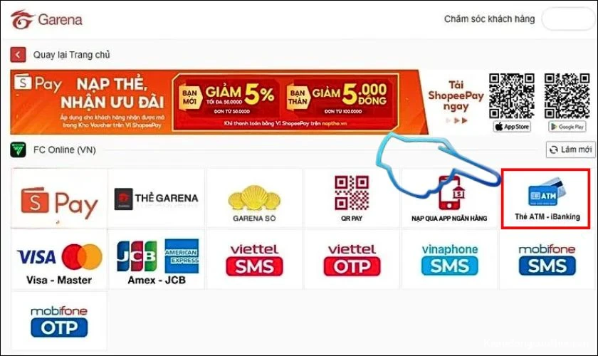 cach-nap-kim-cuong-trong-free-fire-12 Tại phần phương thức thanh toán, chọn thẻ ATM - iBanking