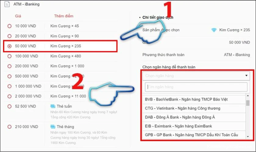 cach-nap-kim-cuong-trong-free-fire-13 Chọn mệnh giá nạp tương ứng, điền thông tin thẻ ATM