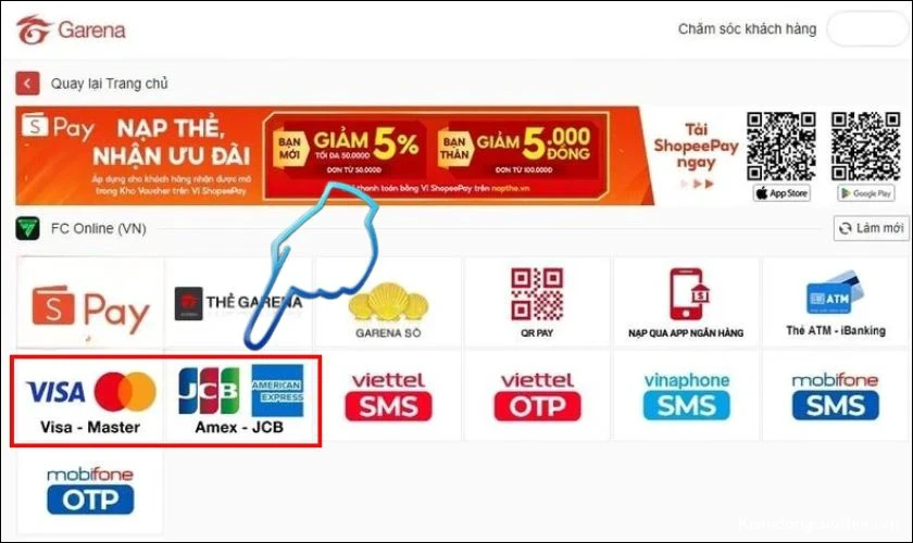 cach-nap-kim-cuong-trong-free-fire-15 Chọn ô thẻ Visa - Master - JCB