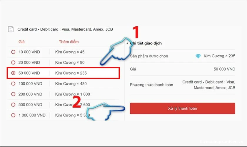 cach-nap-kim-cuong-trong-free-fire-16 Tìm mệnh giá cần nạp, chọn Xử lý thanh toán