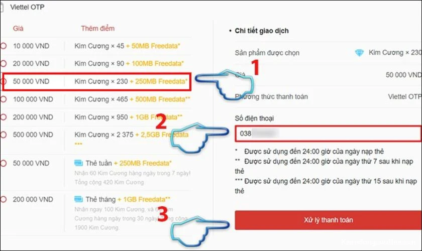 cach-nap-kim-cuong-trong-free-fire-19 hập mã OTP vừa nhận để hoàn tất quá trình nạp kim cương
