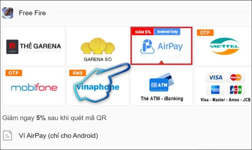 cach-nap-kim-cuong-trong-free-fire-9 Đăng nhập Free Fire trên napthe.vn, sau đó chọn thanh toán bằng ví Airpay