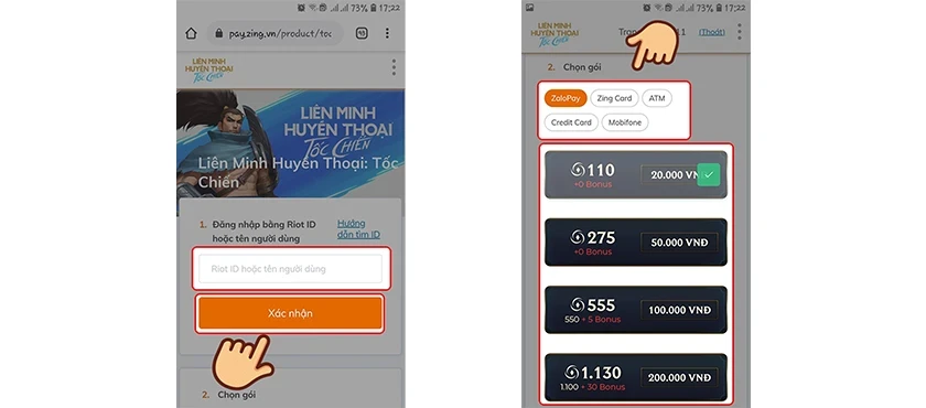 Nạp thẻ tốc chiến trên trang chủ VNG