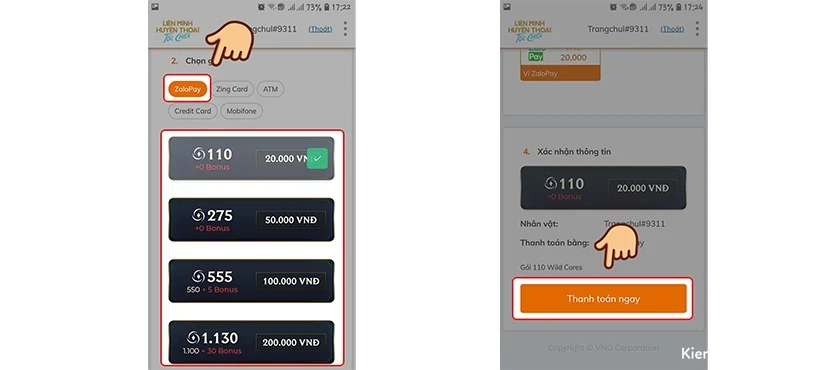 Cách nạp tốc chiến qua Zalo Pay