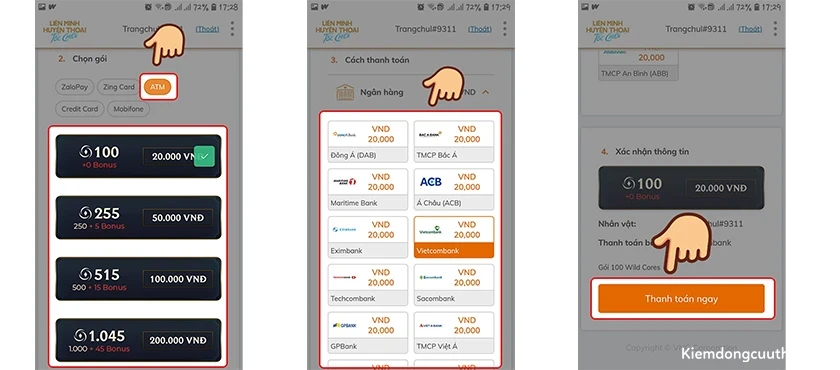 nạp thẻ tốc chiến trên ATM