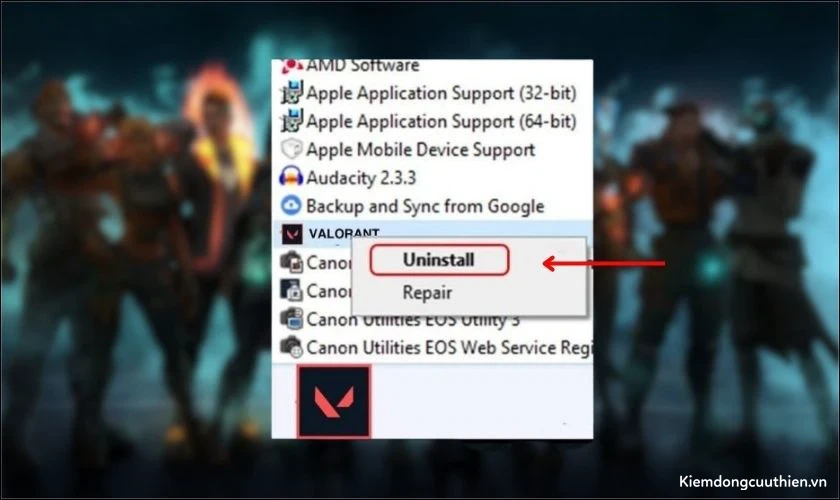 cach-xoa-valorant-10 Tìm Valorant, nhấp chuột phải và chọn Uninstall