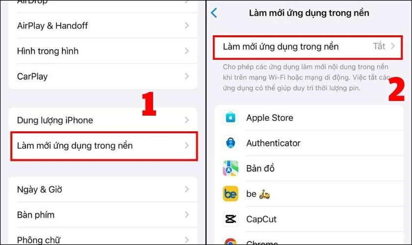 iphone-bi-tut-pin-13 Tìm và chọn Làm mới ứng dụng trong nền rồi tắt