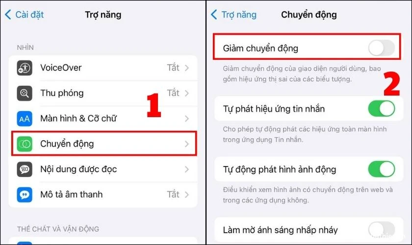 iphone-bi-tut-pin-19 Tìm đến mục Chuyển động, chọn Giảm Chuyển động và gạt công tắc để vô hiệu hóa tính năng này