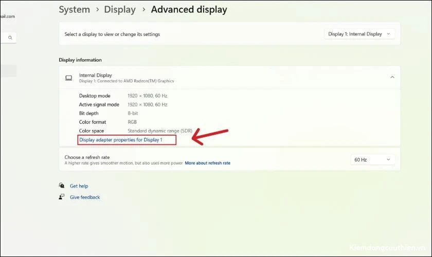 Nhấn vào dòng Display adapter properties for Display 1