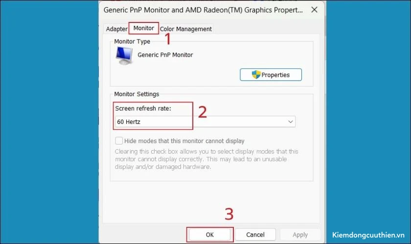 Vào Monitor, tại mục Screen refresh rate chọn tần số quét