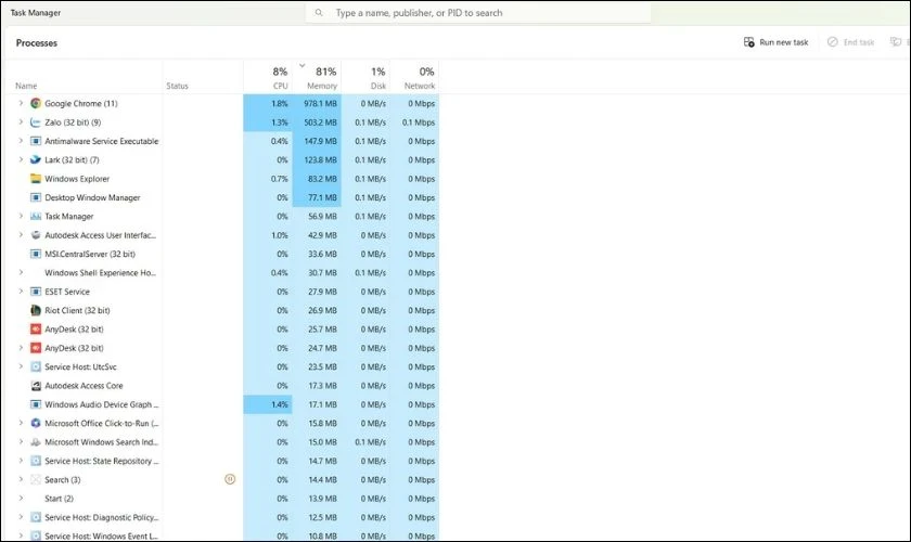 Sử dụng Task Manager để kiểm tra
