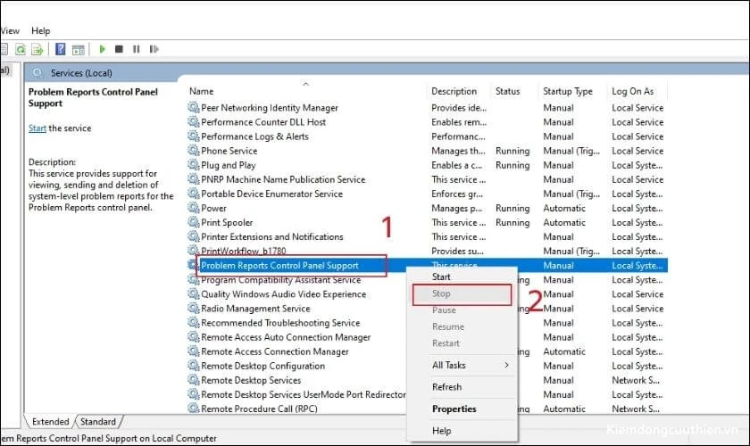 Vào mục Problem Reports and Solution Control Panel Support, nhấn Stop