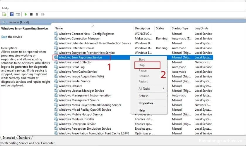 Vào mục Windows Error Reporting Service và chọn Stop
