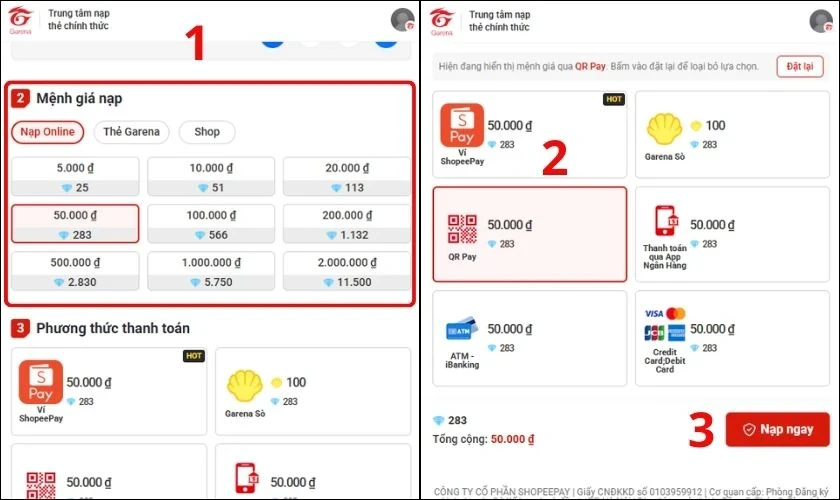 Nạp thẻ.vn Free Fire bằng QR Pay