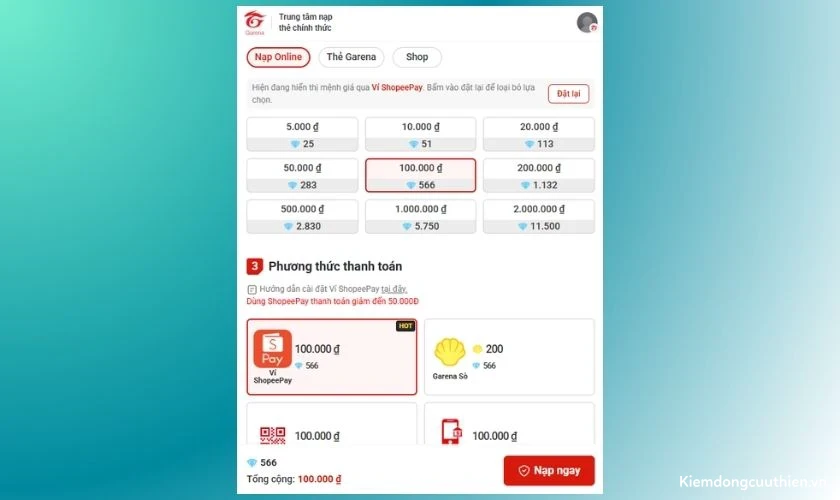 Nạp thẻ.vn Free Fire bằng Shopee Pay