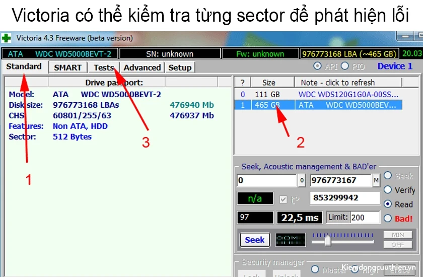 Phần mềm test ổ cứng Victoria