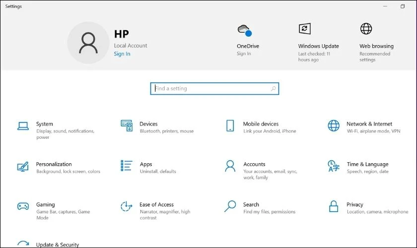 Nhấn tổ hợp phím Windows + I để khởi chạy ứng dụng Settings