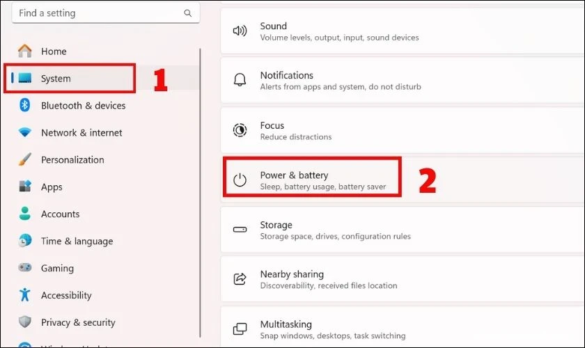 Kéo chọn mục Power & battery
