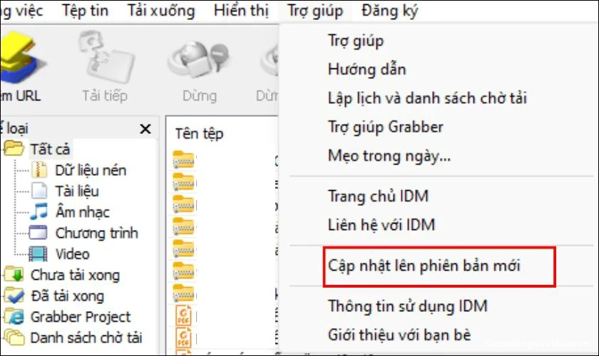 Trong giao diện IDM, nhấn vào mục Trợ giúp (Help) trên thanh menu