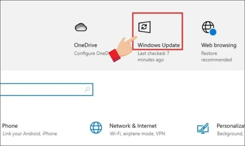 Tại cửa sổ Settings chọn Windows Update