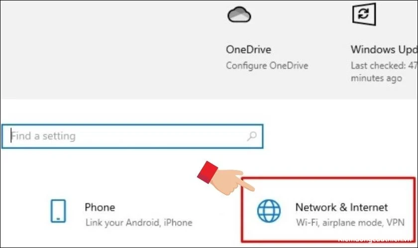 Tiếp tục chọn Network and Internet trong tab Settings