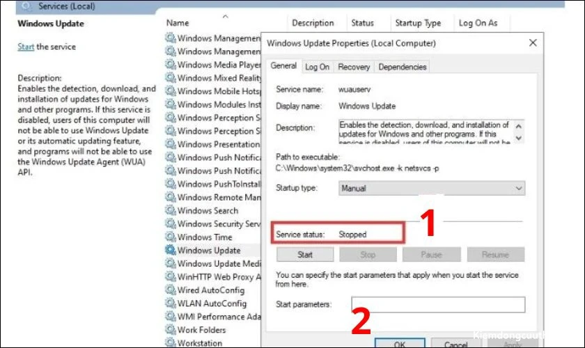 Tắt update Windows 11 thành công khi xuất hiện trạng thái Stopped