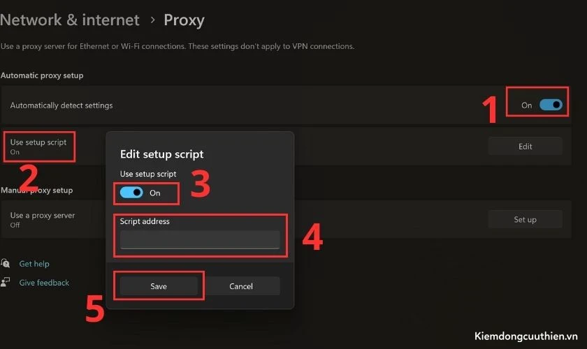 Bạn kéo công tắc tại mục Use setup script để cài đặt Proxy